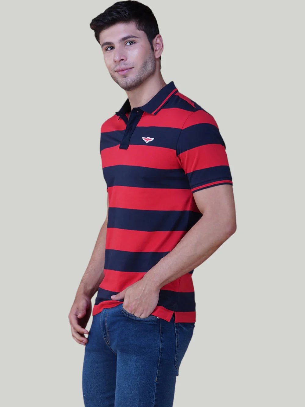 Navy & Red Premium Pique Cotton Stripe Polo T-Shirt – Euro Fit (AST 005)