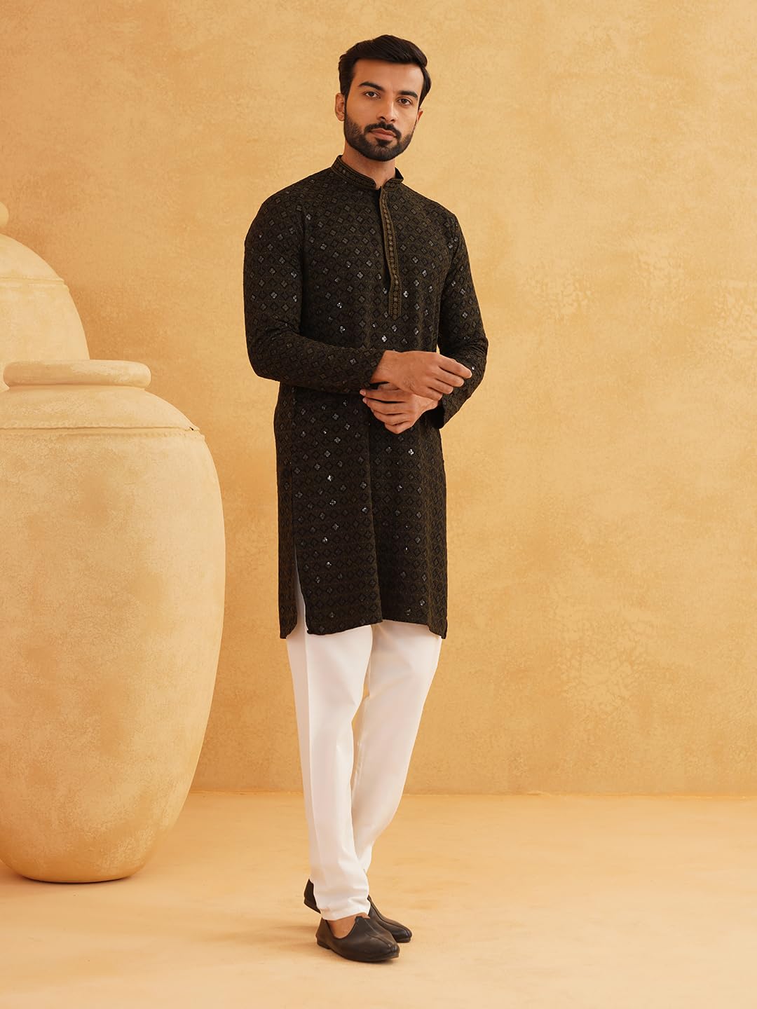 SOJANYA (Since 1958 Men's Cotton Contrast Embroidered Sequinned Long Kurta