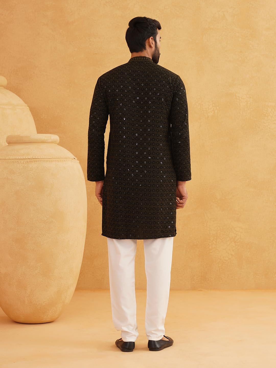 SOJANYA (Since 1958 Men's Cotton Contrast Embroidered Sequinned Long Kurta