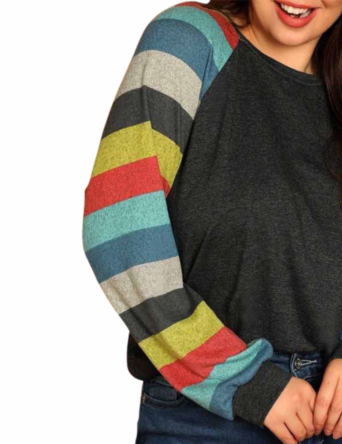 JUNEBERRY® Pure Cotton Full Sleeves Round Neck with Rib Colorblocked Striped T-Shirt for Women (Available in Anthra & Red Color)