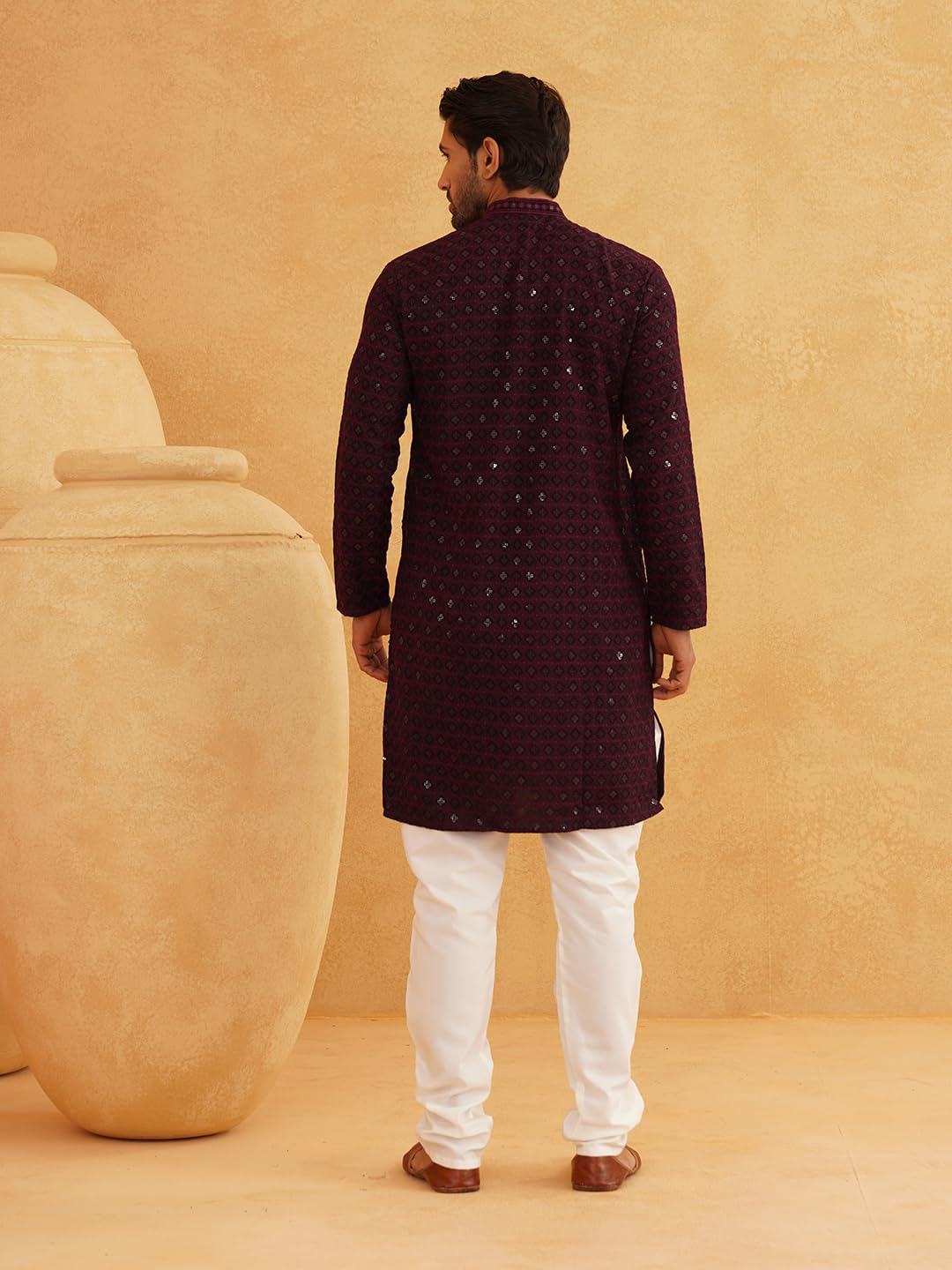 SOJANYA (Since 1958 Men's Cotton Contrast Embroidered Sequinned Long Kurta