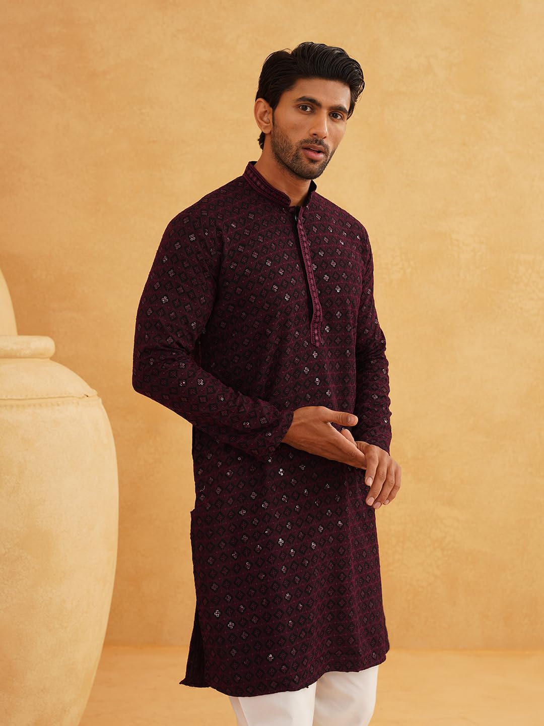 SOJANYA (Since 1958 Men's Cotton Contrast Embroidered Sequinned Long Kurta