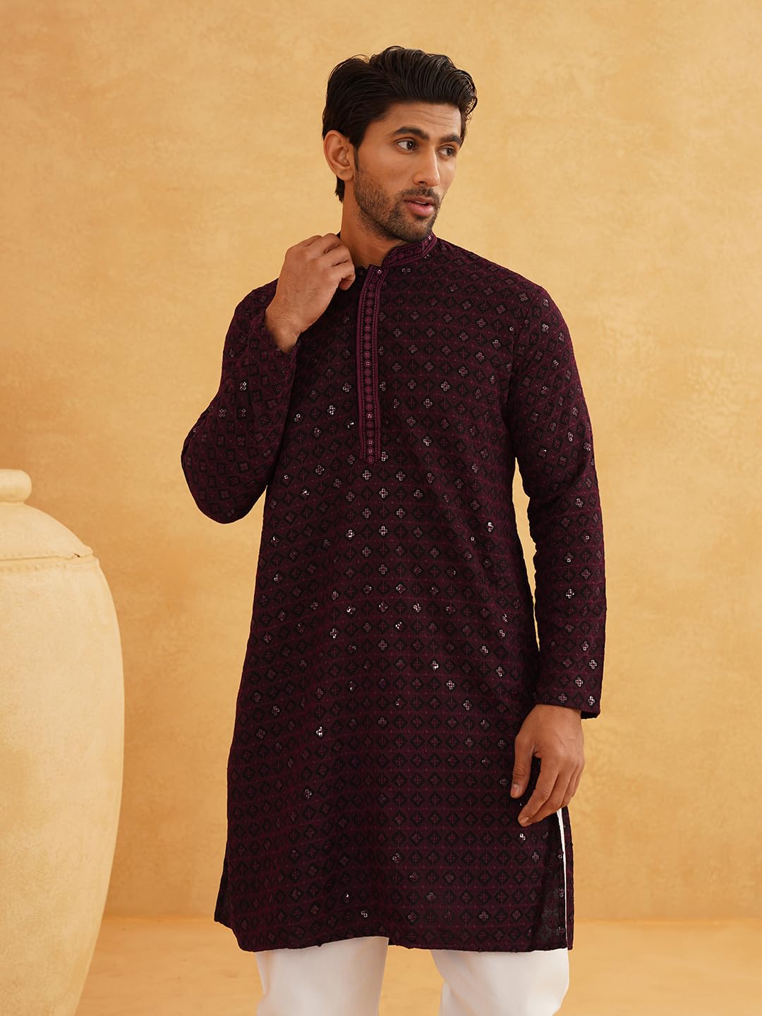 SOJANYA (Since 1958 Men's Cotton Contrast Embroidered Sequinned Long Kurta