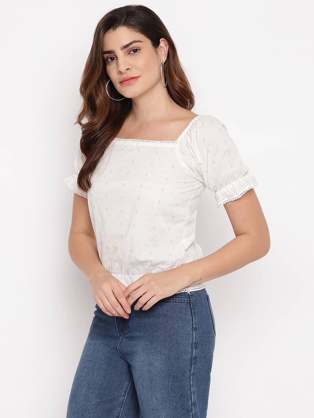 Marc Loire Women's Fashion Western Party & Casual Wear Regular Fit Top with Puff Sleeves