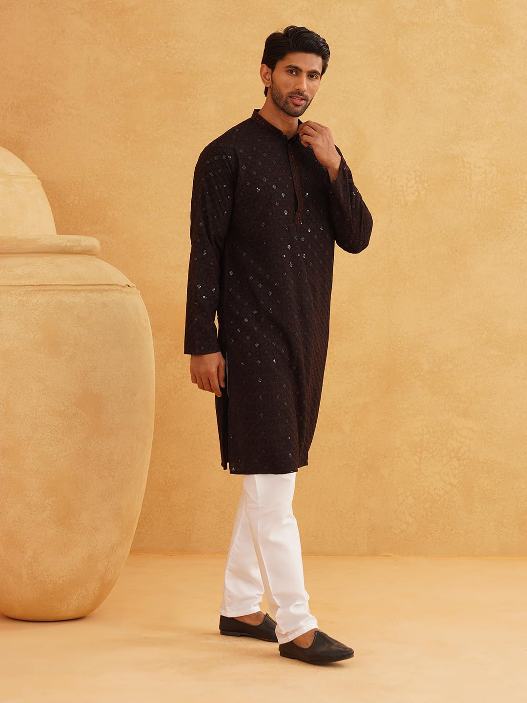 SOJANYA (Since 1958 Men's Cotton Contrast Embroidered Sequinned Long Kurta