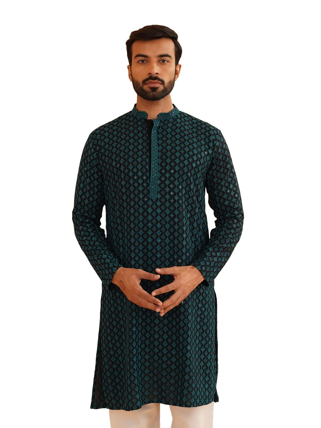 SOJANYA (Since 1958 Men's Cotton Contrast Embroidered Sequinned Long Kurta