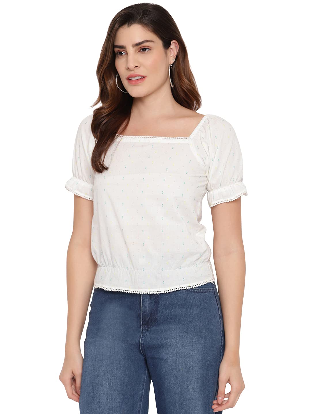 Marc Loire Women's Fashion Western Party & Casual Wear Regular Fit Top with Puff Sleeves