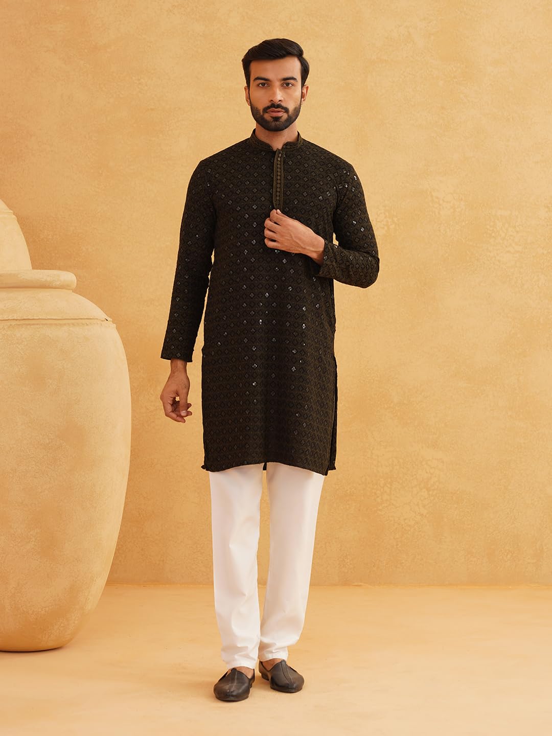 SOJANYA (Since 1958 Men's Cotton Contrast Embroidered Sequinned Long Kurta