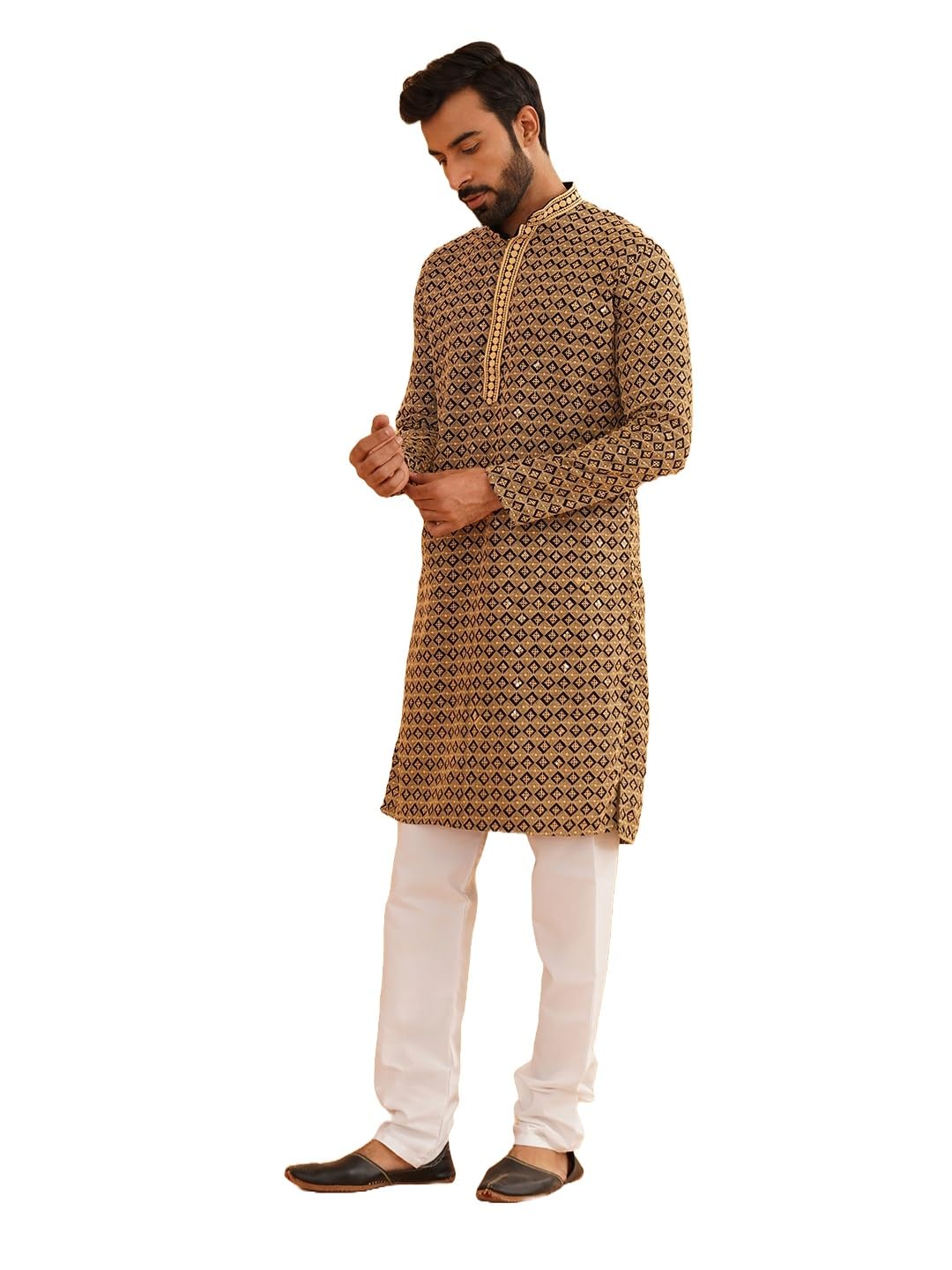 SOJANYA (Since 1958 Men's Cotton Gold Embroidered Sequinned Kurta With white churidar Pyjama