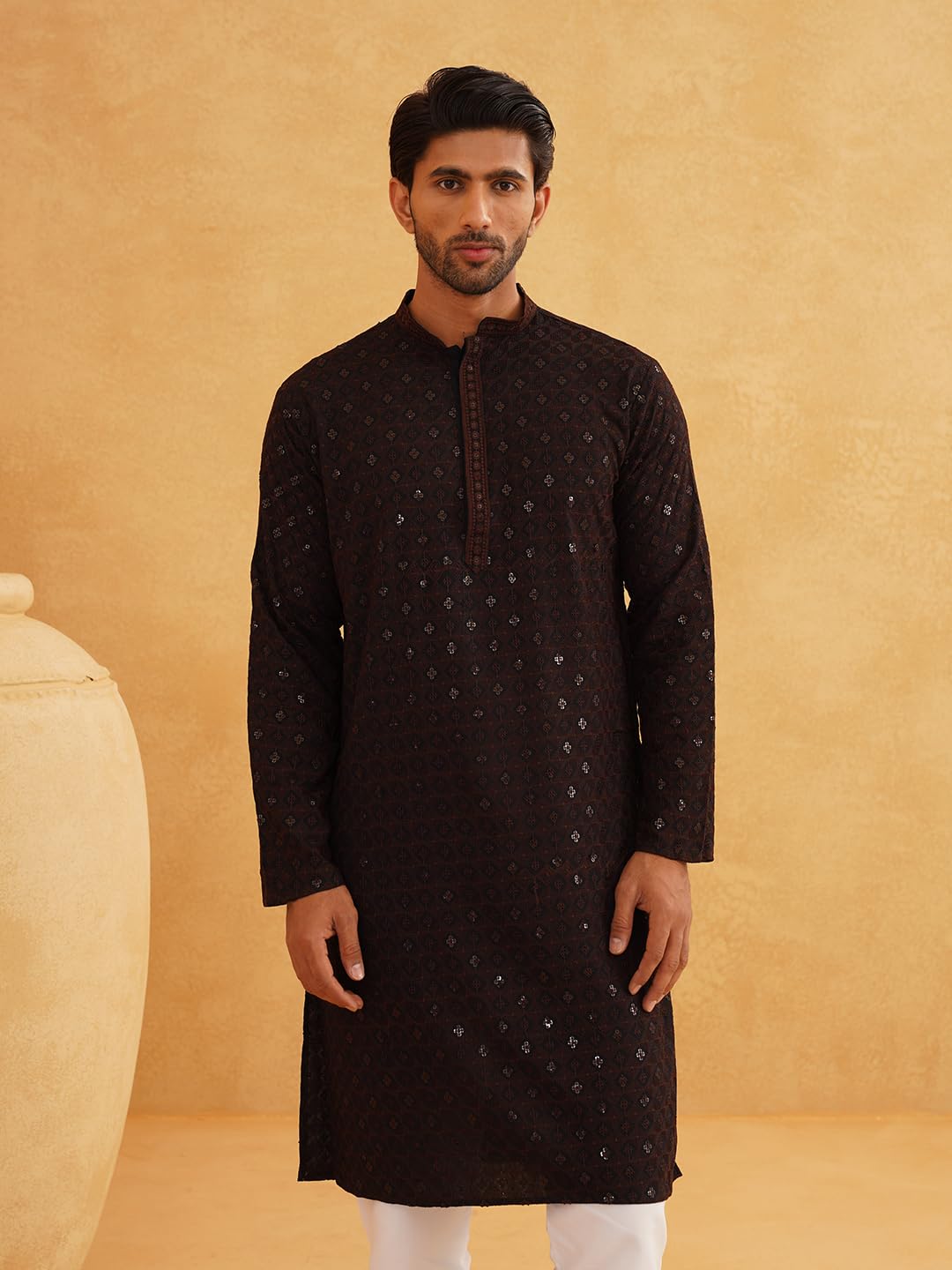 SOJANYA (Since 1958 Men's Cotton Contrast Embroidered Sequinned Long Kurta
