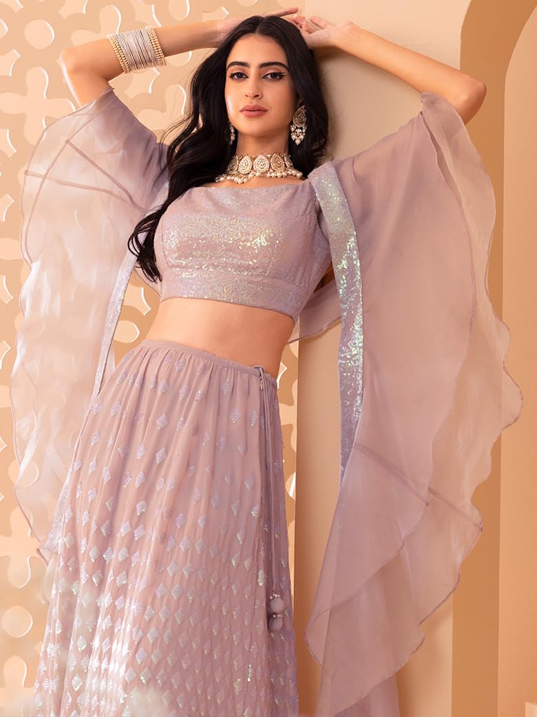 Zeel Clothing Women's Sequins Embroidered Georgette Semi-Stitched Lehenga Choli With Dupatta (5087-Pink-Wedding-Stylish-Latest; Free Size)