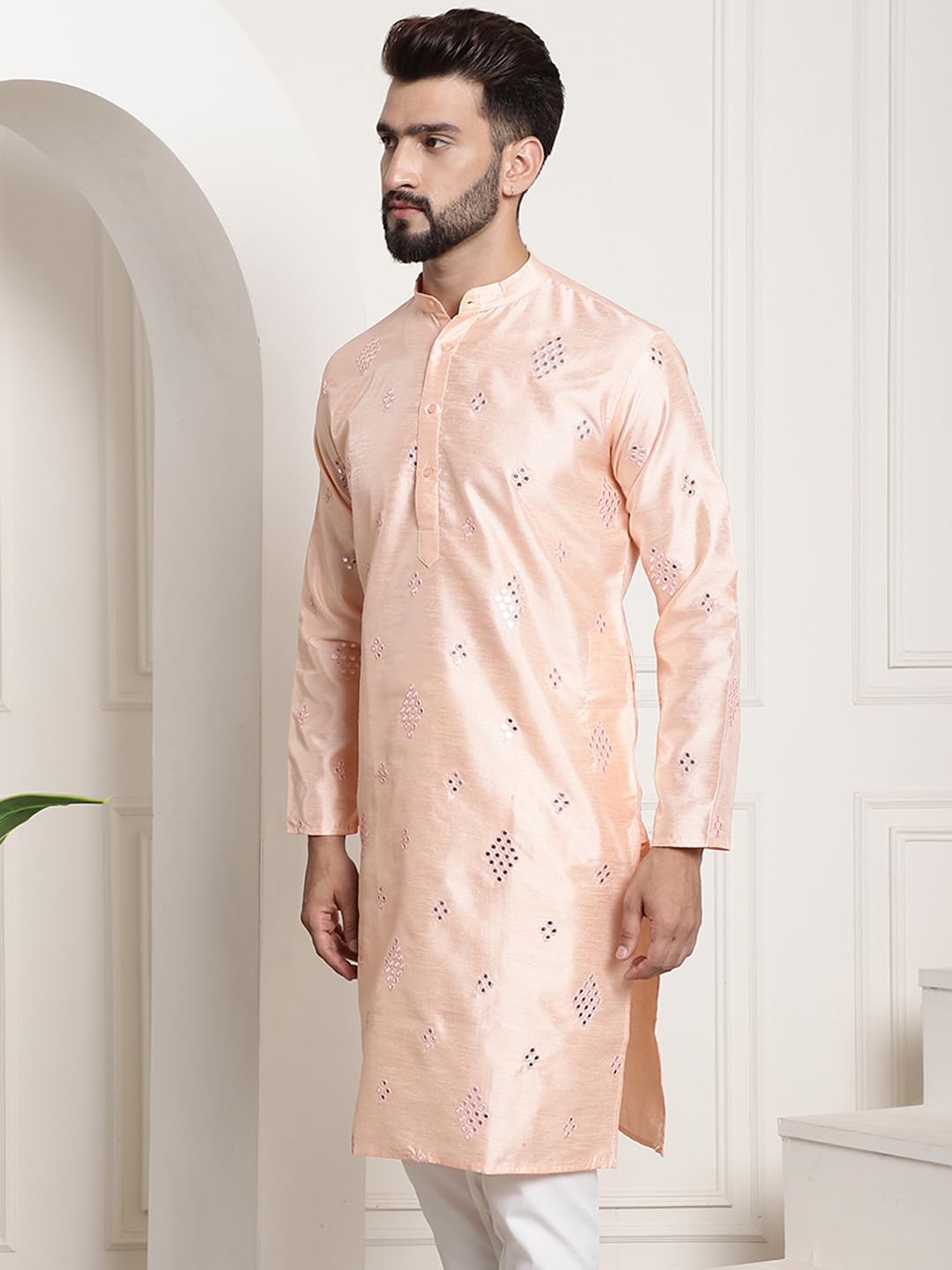 SOJANYA (Since 1958, Men's Silk Blend Mirror Work ONLY Long Kurta