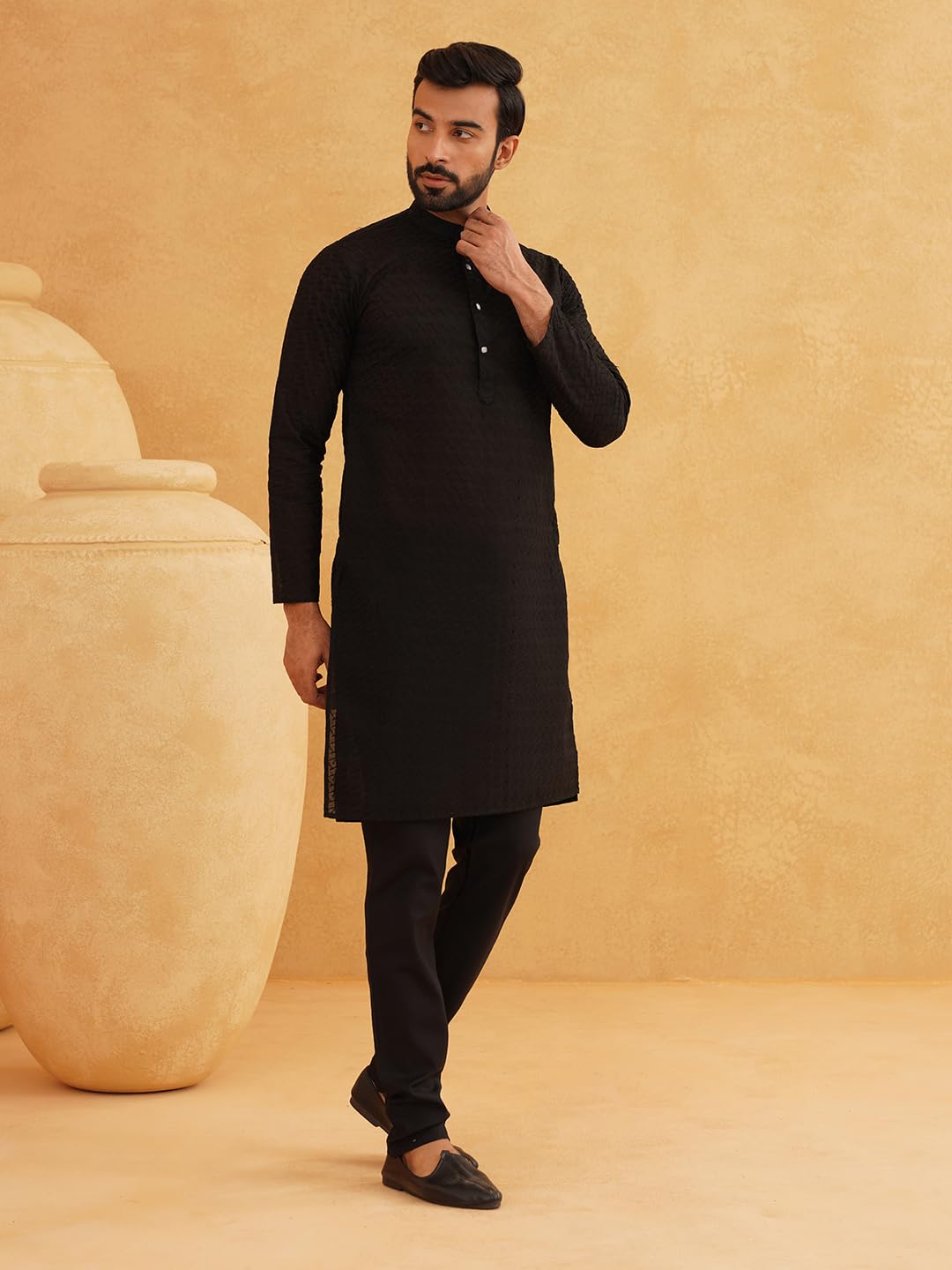 SOJANYA( Since 1958 Men's Cotton Thread Embroidered Kurta With Churidaar Pyjama