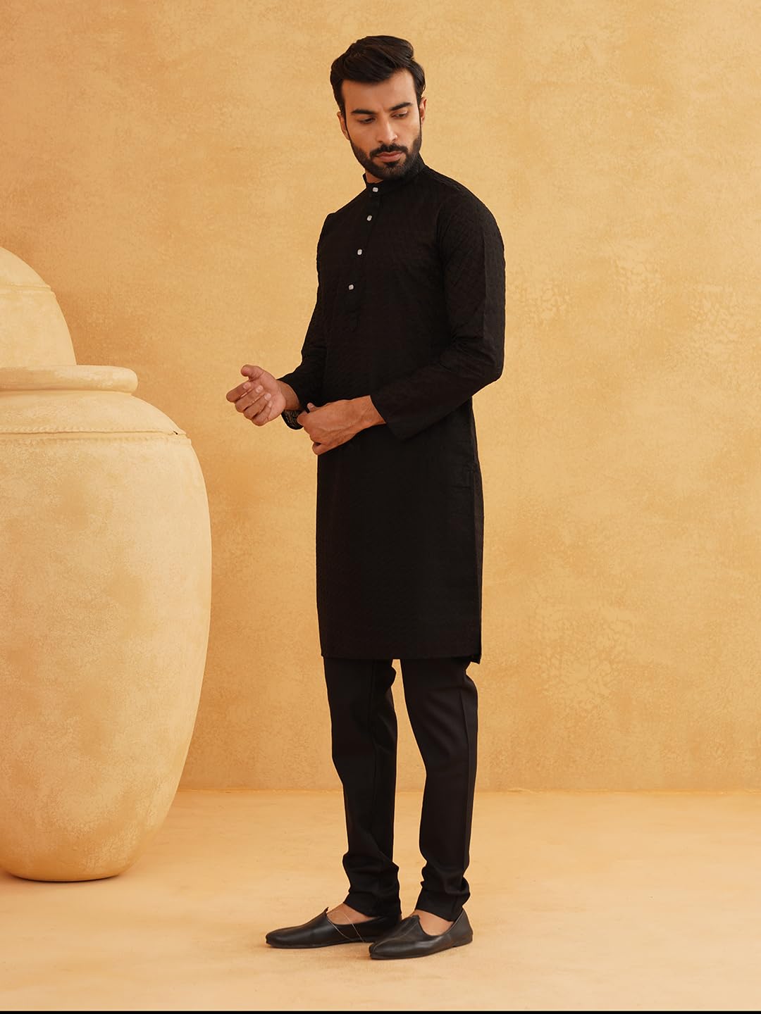 SOJANYA( Since 1958 Men's Cotton Thread Embroidered Kurta With Churidaar Pyjama
