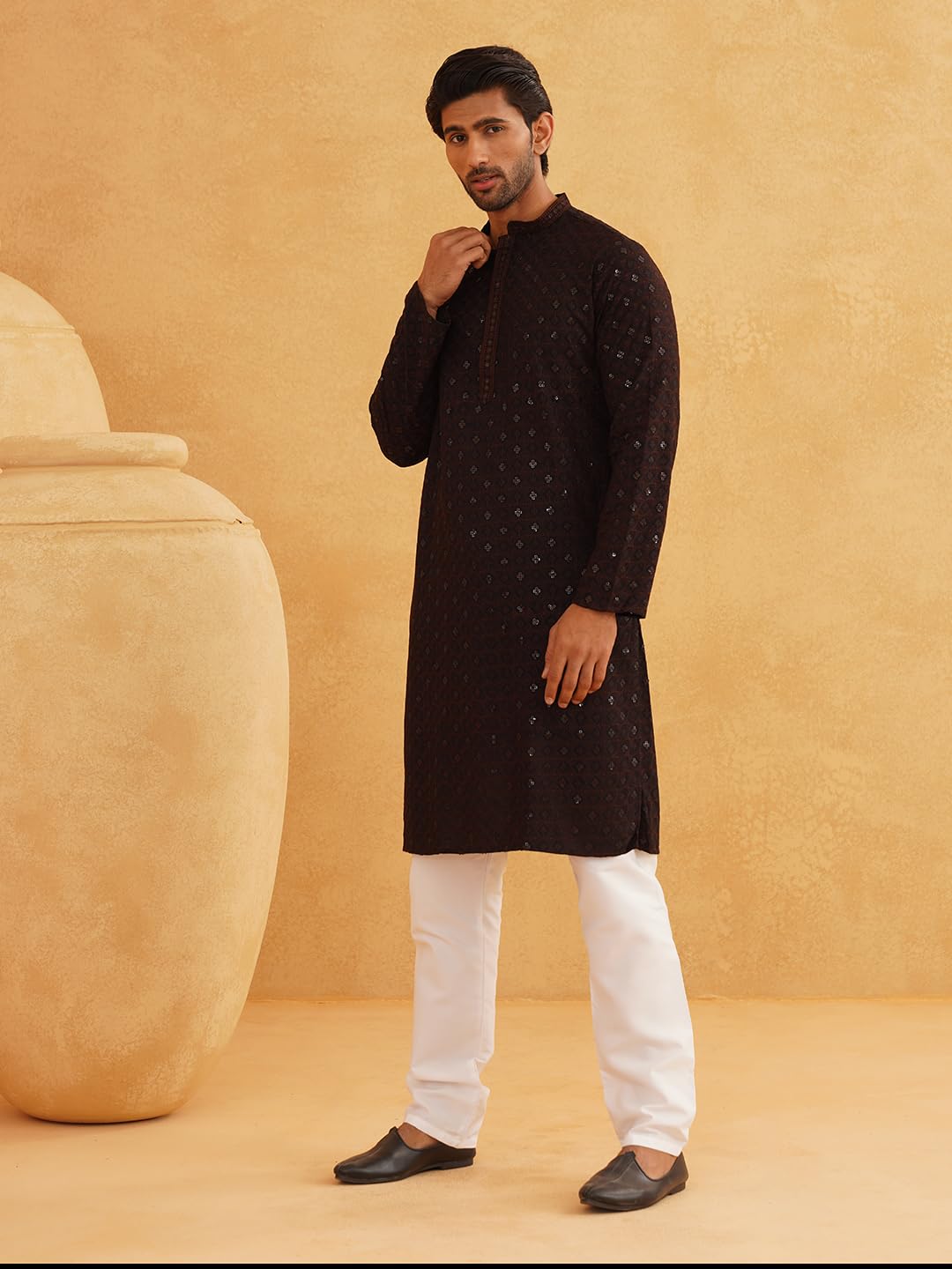 SOJANYA (Since 1958 Men's Cotton Contrast Embroidered Sequinned Long Kurta