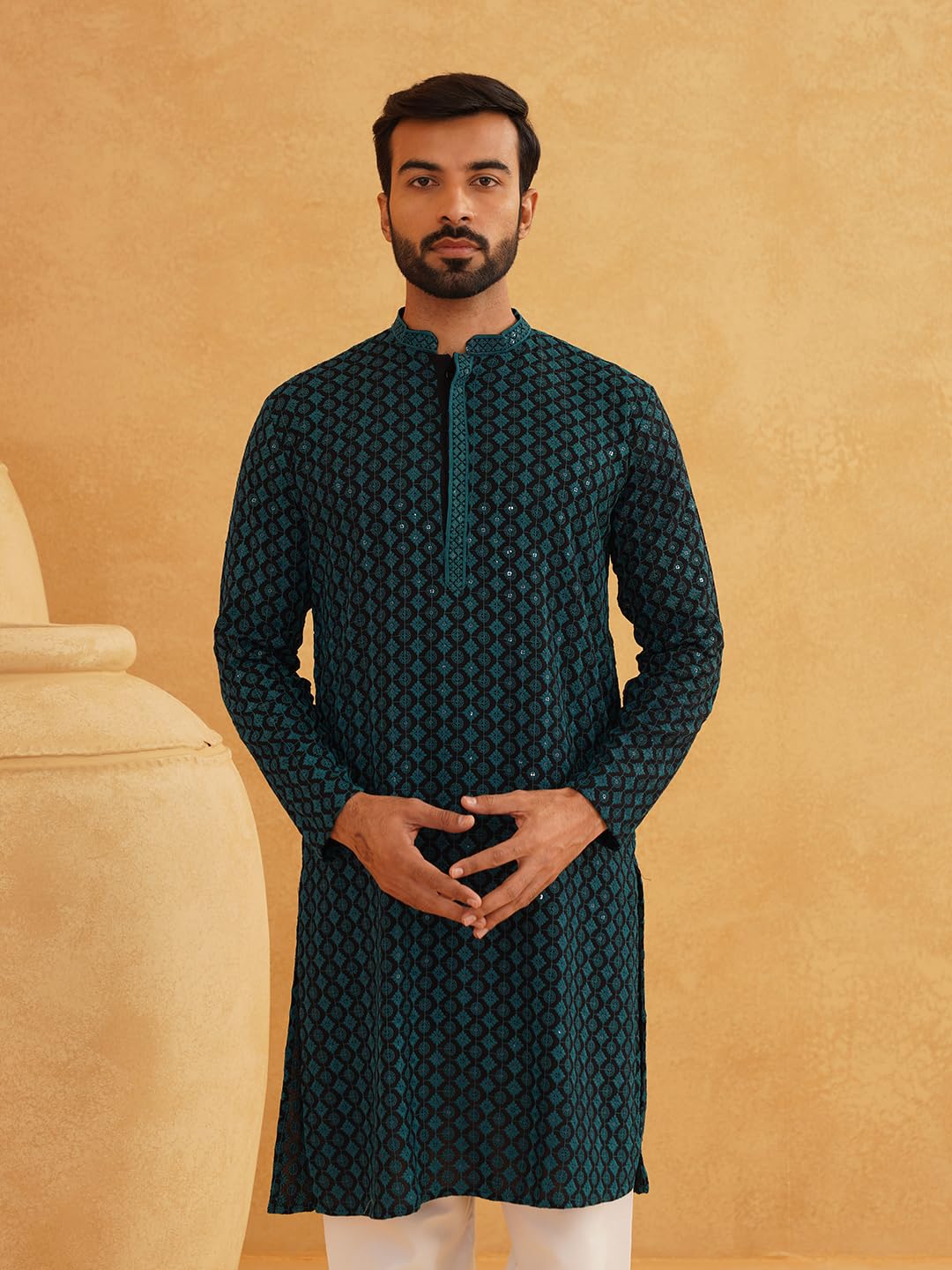 SOJANYA (Since 1958 Men's Cotton Contrast Embroidered Sequinned Long Kurta