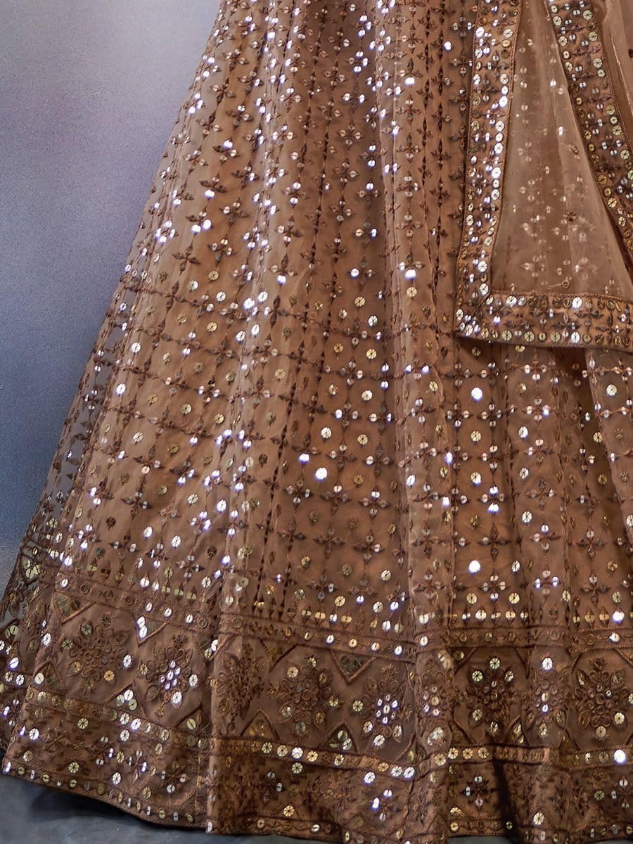 Zeel Clothing Women's Threads Sequins Embroidered Soft Net Lehenga Choli With Dupatta (5110-Brown-Wedding-Stylish-Lehenga-Choli-New; Free Size)
