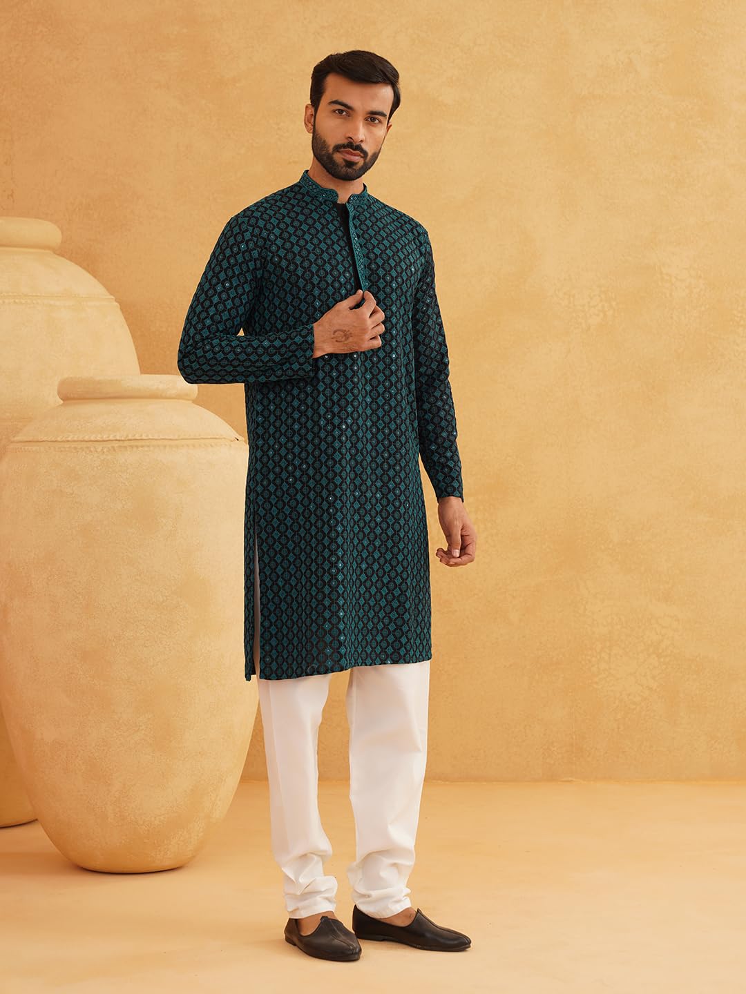 SOJANYA (Since 1958 Men's Cotton Contrast Embroidered Sequinned Long Kurta