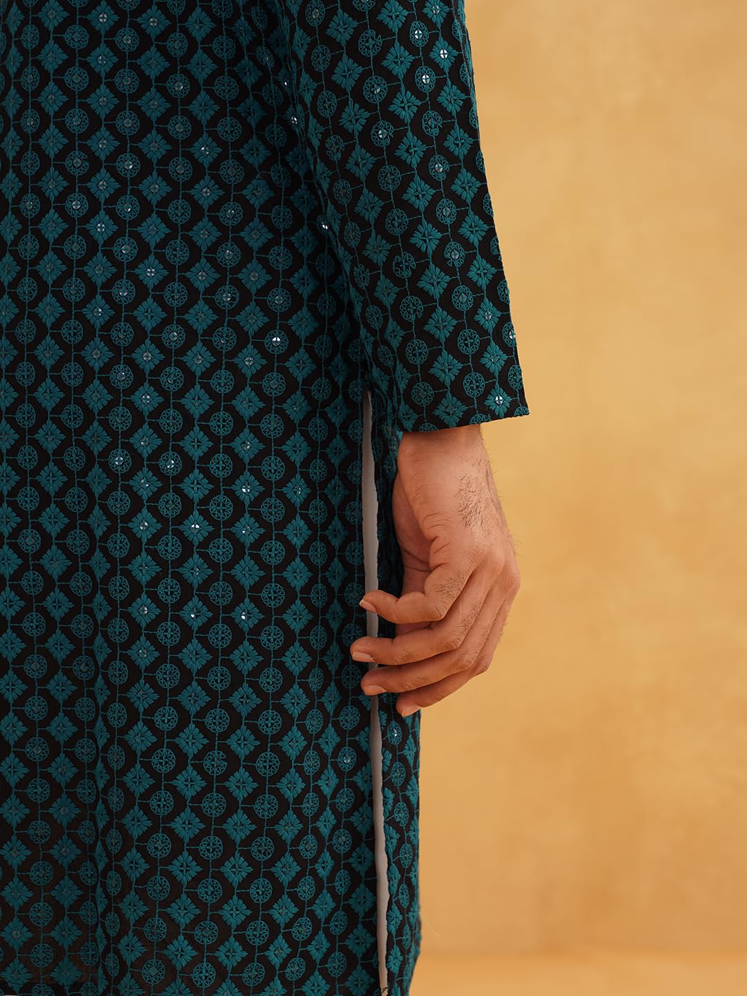 SOJANYA (Since 1958 Men's Cotton Contrast Embroidered Sequinned Long Kurta