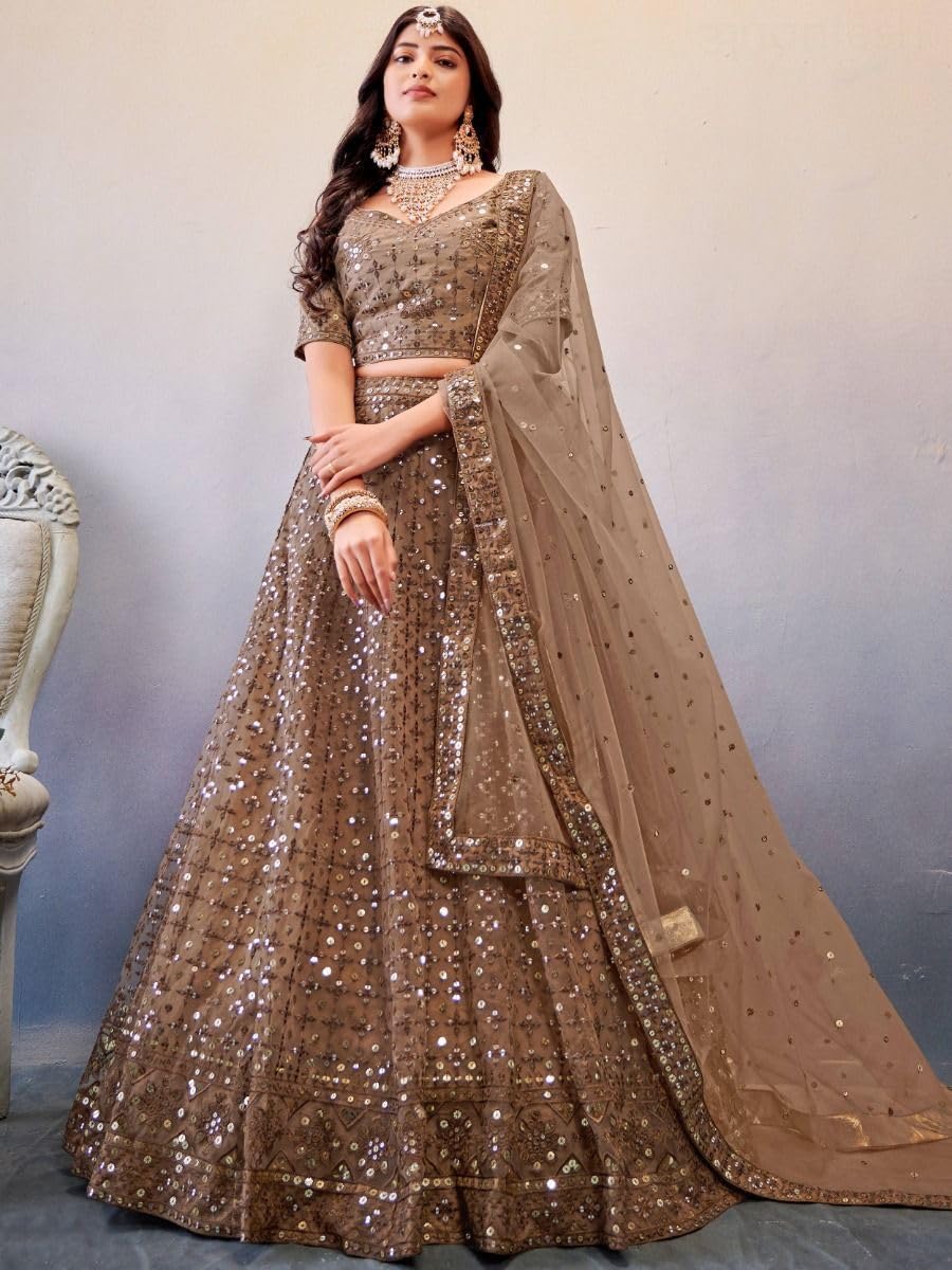 Zeel Clothing Women's Threads Sequins Embroidered Soft Net Lehenga Choli With Dupatta (5110-Brown-Wedding-Stylish-Lehenga-Choli-New; Free Size)