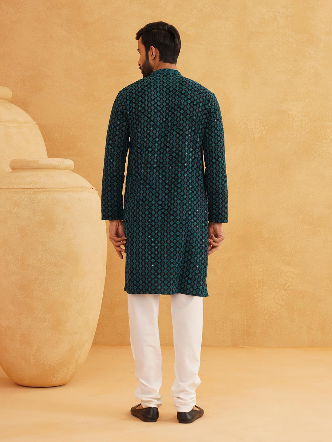 SOJANYA (Since 1958 Men's Cotton Contrast Embroidered Sequinned Long Kurta