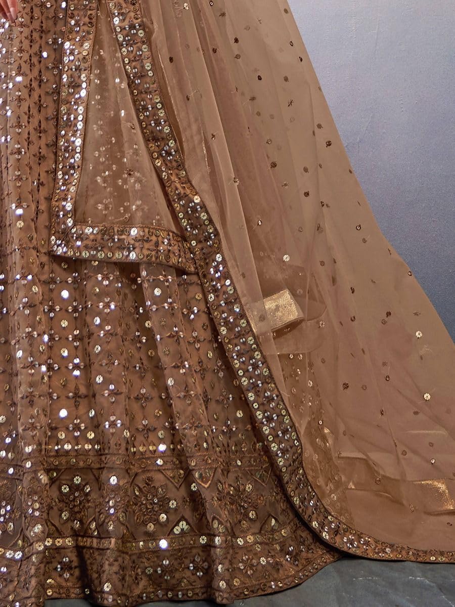 Zeel Clothing Women's Threads Sequins Embroidered Soft Net Lehenga Choli With Dupatta (5110-Brown-Wedding-Stylish-Lehenga-Choli-New; Free Size)