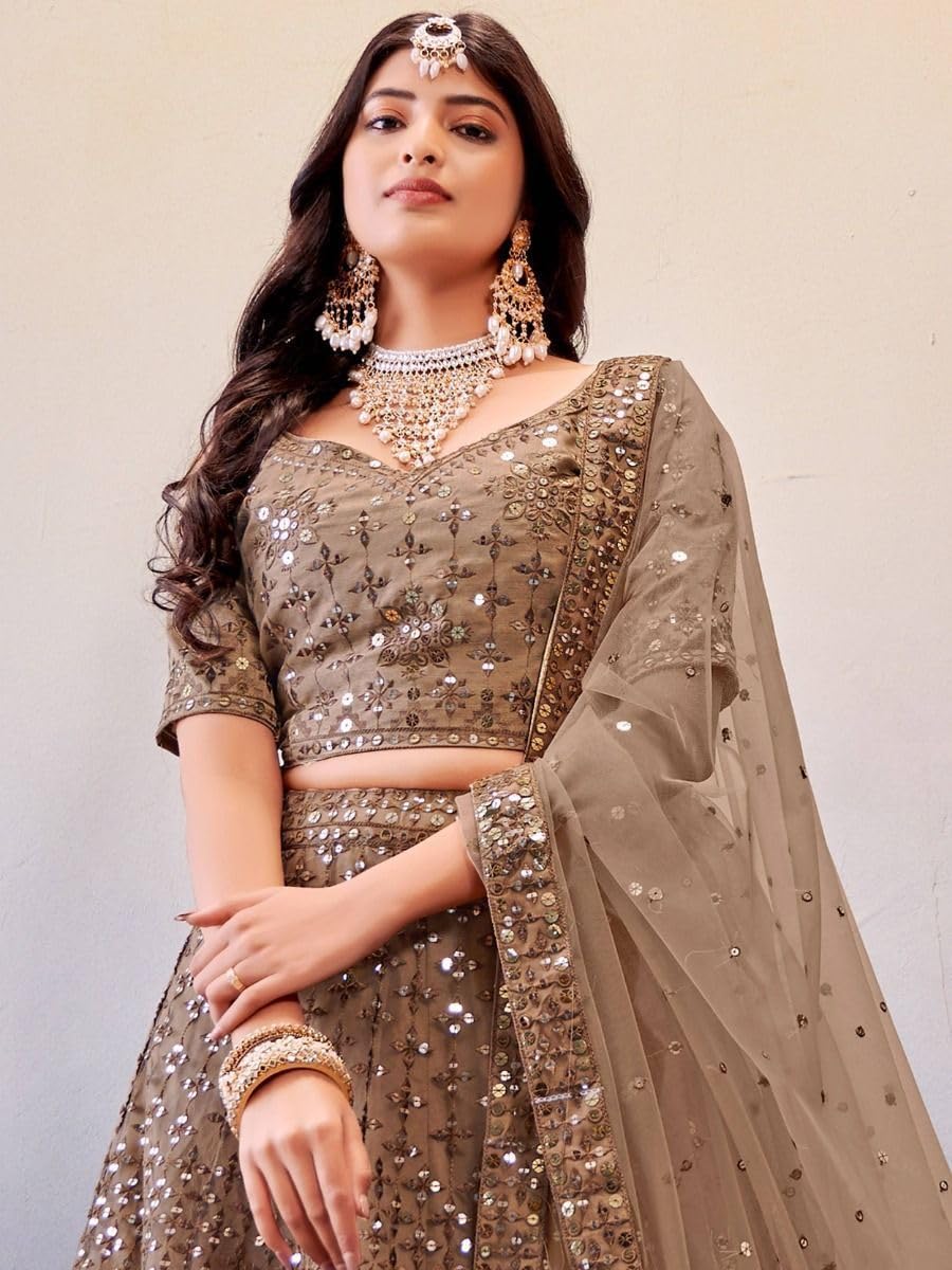 Zeel Clothing Women's Threads Sequins Embroidered Soft Net Lehenga Choli With Dupatta (5110-Brown-Wedding-Stylish-Lehenga-Choli-New; Free Size)