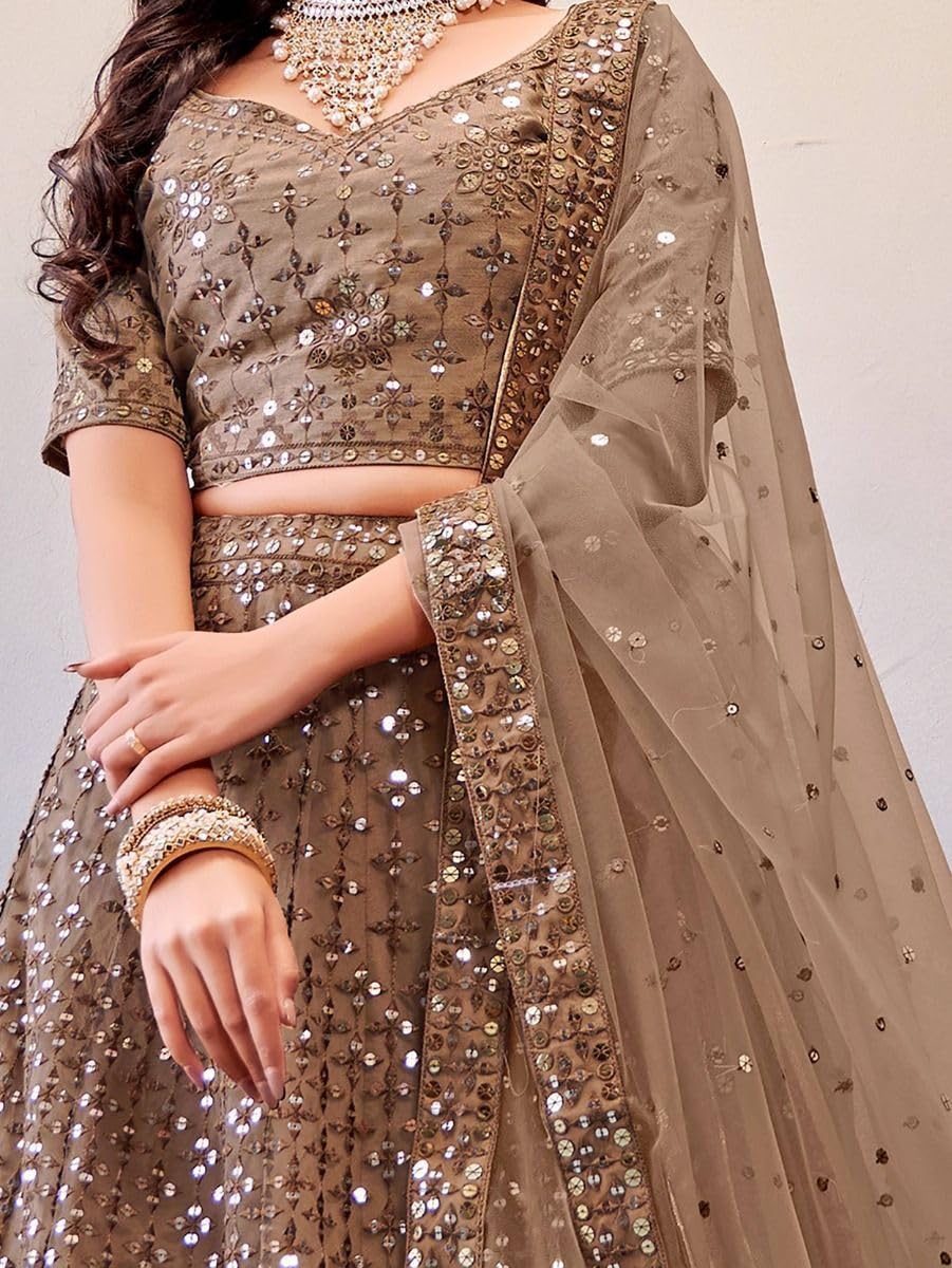 Zeel Clothing Women's Threads Sequins Embroidered Soft Net Lehenga Choli With Dupatta (5110-Brown-Wedding-Stylish-Lehenga-Choli-New; Free Size)