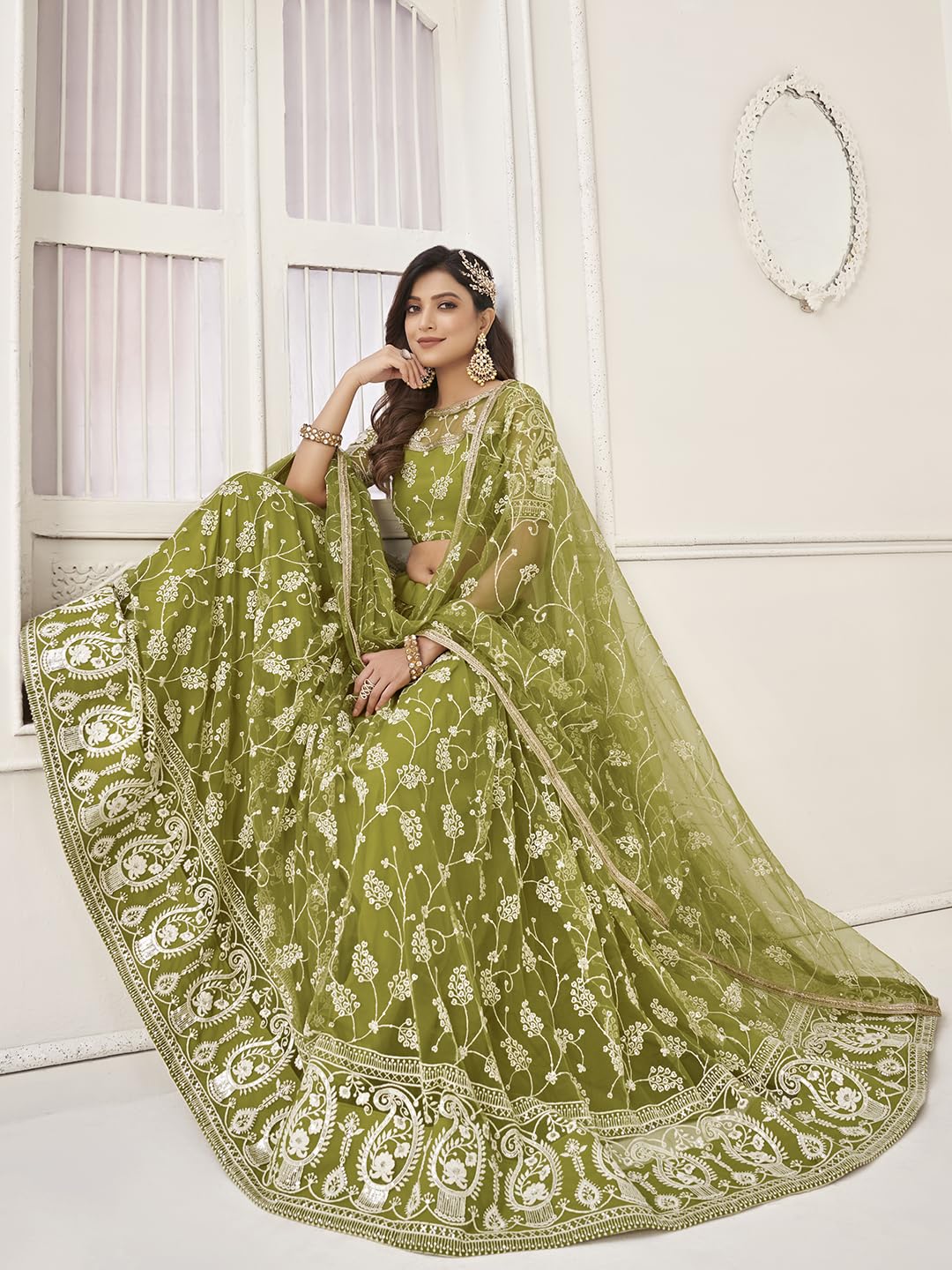 Zeel Clothing Women Embroidered Soft Net Semi-Stitched Lehenga Choli With Dupatta (2126-Olive-Green-Wedding-Stylish-Latest; Free Size)