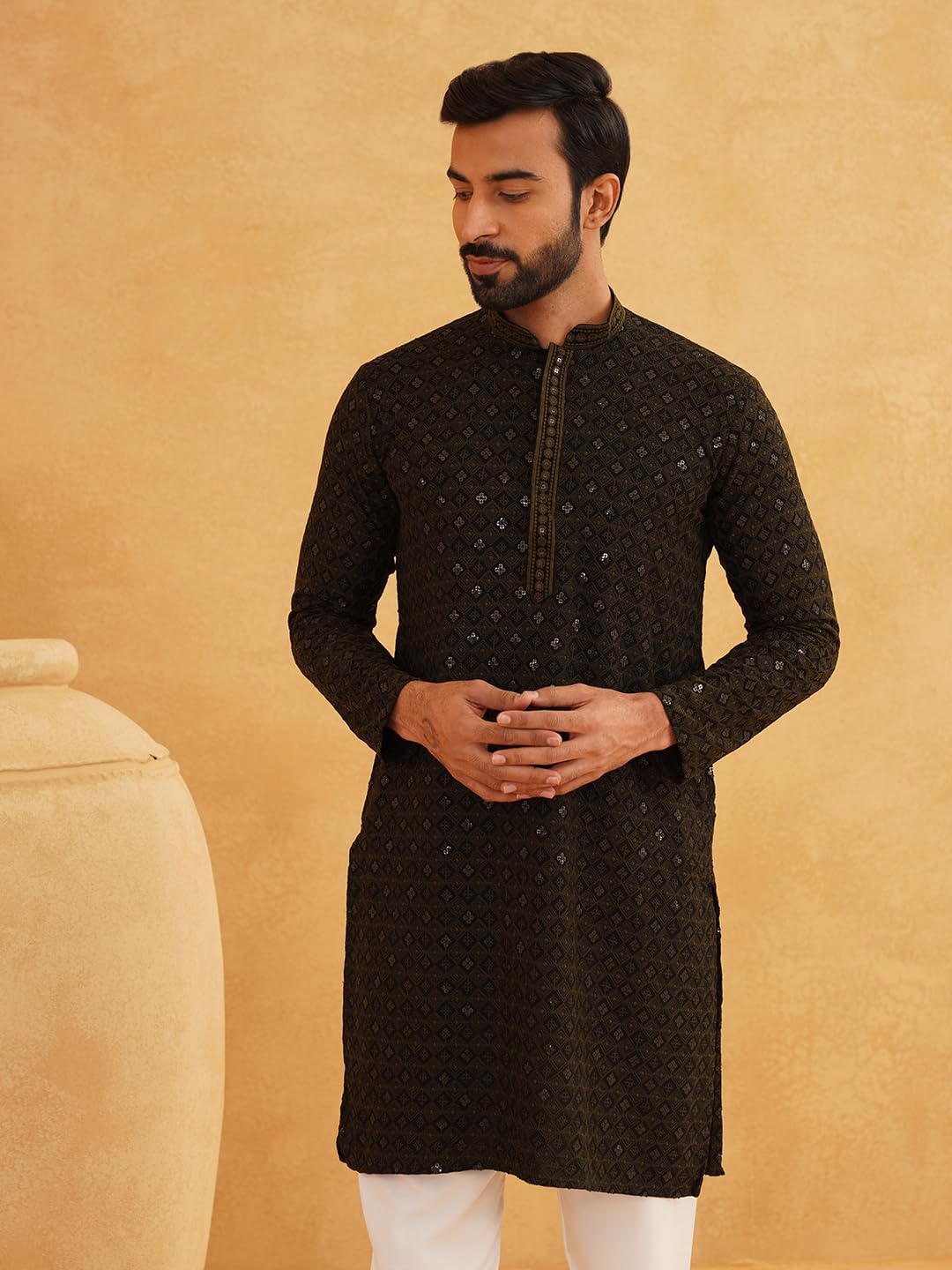 SOJANYA (Since 1958 Men's Cotton Contrast Embroidered Sequinned Long Kurta