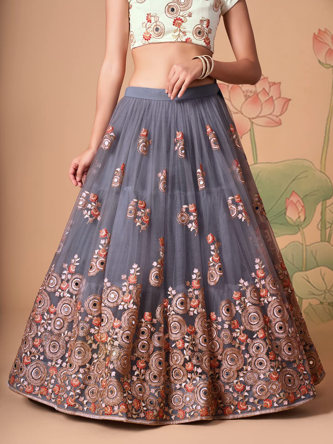 Zeel Clothing Women's Net Embroidered Semi-Stitched Bridal New Lehenga Choli with Dupatta (7315-Peach-Green-Wedding-Latest-Lehenga; Free Size)