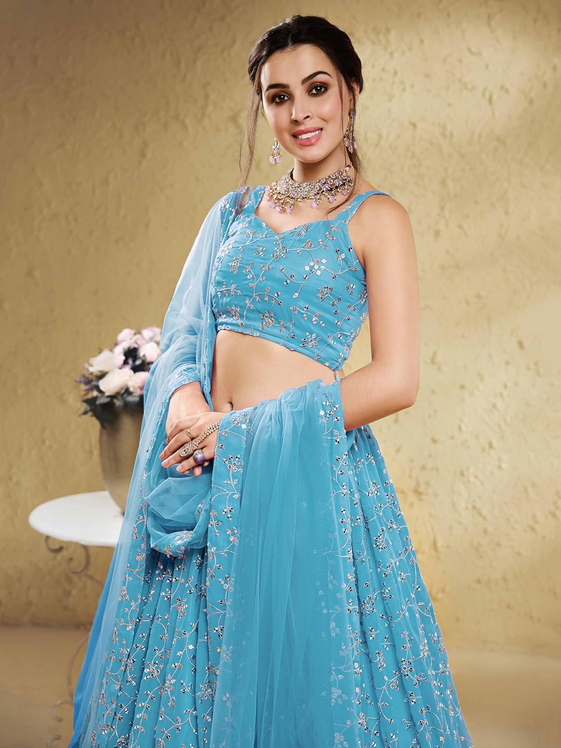 Zeel Clothing Womens Georgette Lehenga Choli Semi-Stitched Skyblue Wedding Bridal Free Size