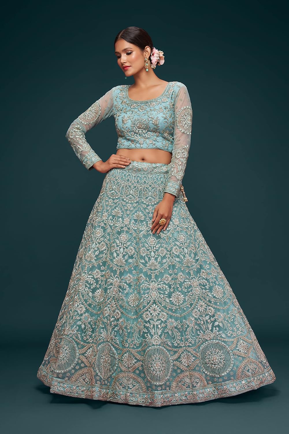 Zeel Clothing Sea Blue Zari and Embroirery Work Net Semi-Stitched Lehenga Choli (7902-Sea-Blue-Wedding-Lehenga-Choli; Sea_Blue)