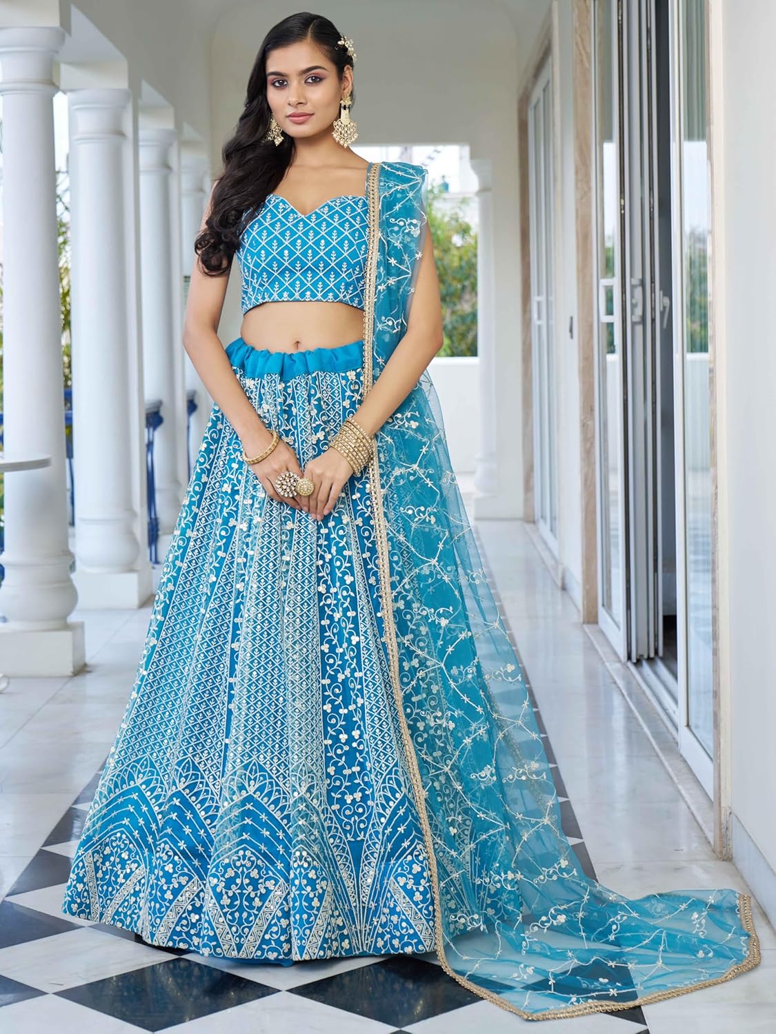 Zeel Clothing Women's Cotton Thread Sequins Work Embroidery Soft Net Semi-Stitched Lehenga Choli Set With Dupatta (2137-Skyblue-Wedding-Women-Lehenga-Choli-Latest; Free Size)