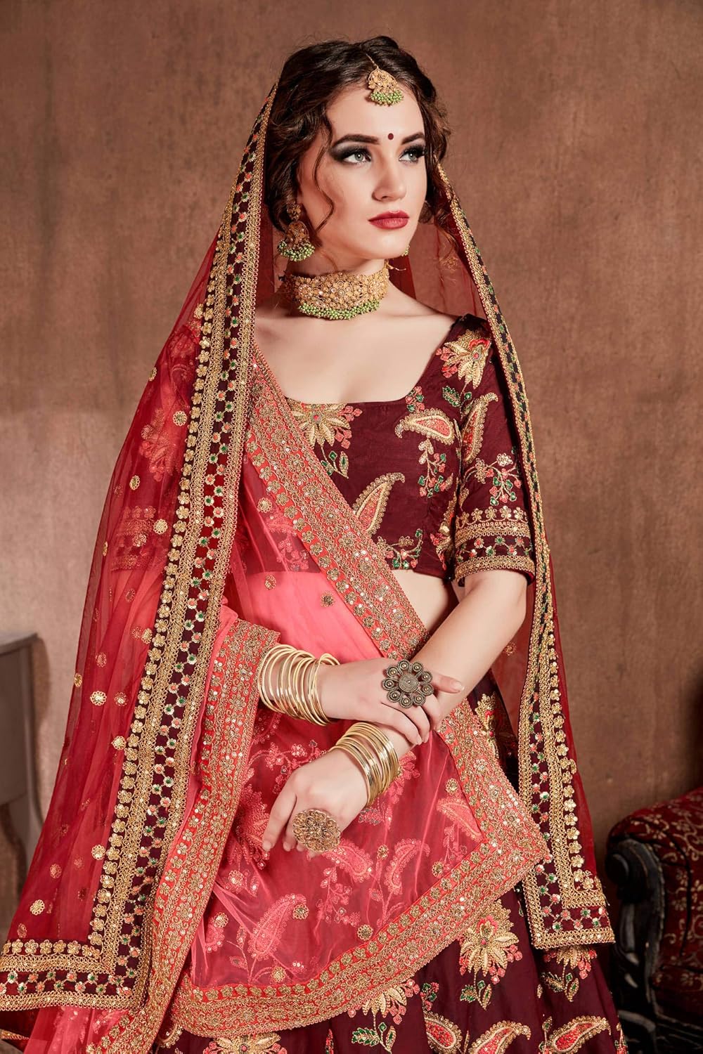 Zeel Clothing Women's Silk Semi stitched Lehenga Choli (Wedding-Bridal-Latest-Lehenga-34-Maroon_Maroon_Free Size)