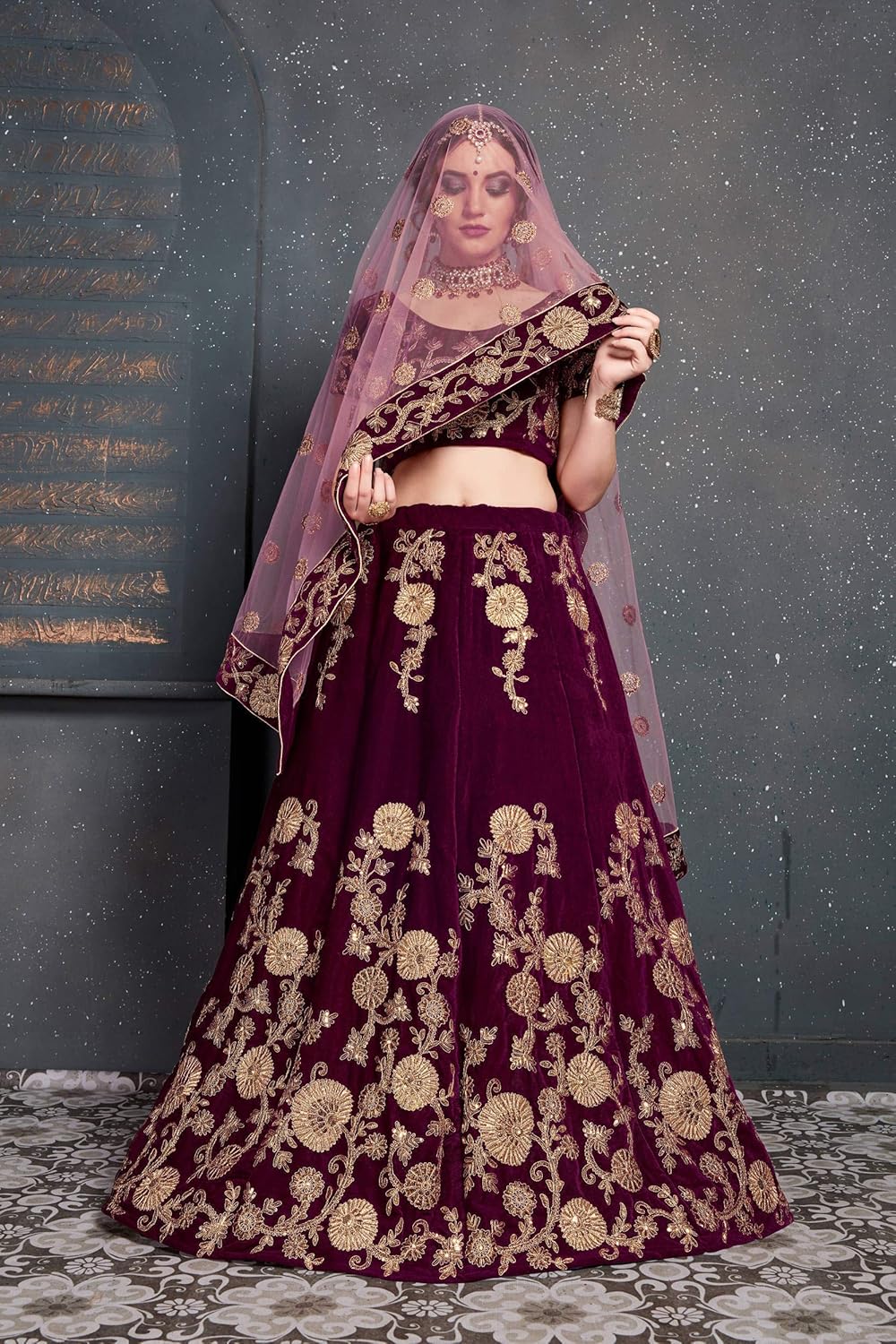 Zeel Clothing Women's Velvet Semi stitched Lehenga Choli (7204-Purple_Purple_Free Size)