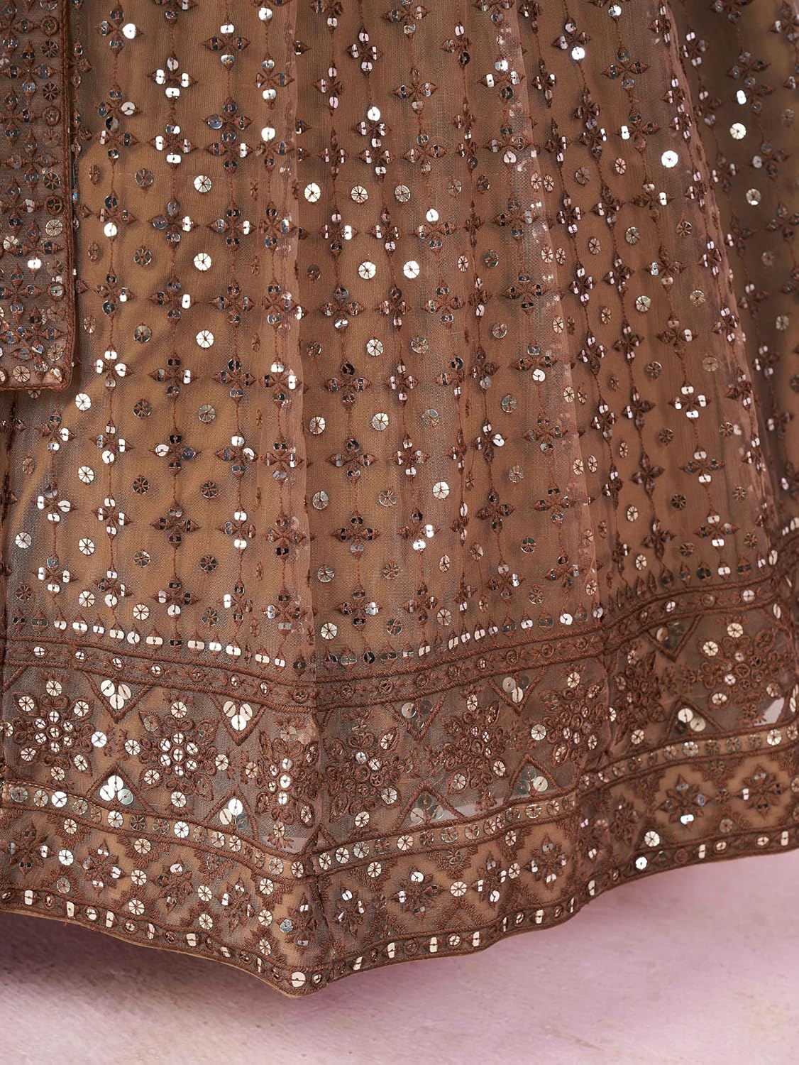 Zeel Clothing Women's Threads Sequins Embroidered Soft Net Semi-stitched Lehenga Choli Set With Dupatta (5110-Brown-Wedding-Stylish-Lehenga-Choli-Latest; Free Size)