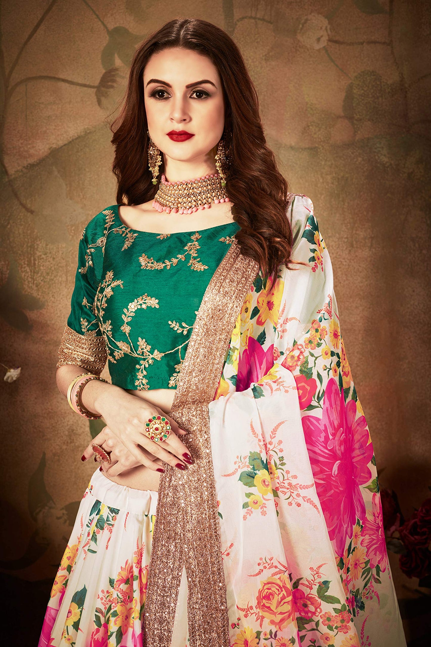 Zeel Clothing Women's Floral Organza Semi Stitched Lehenga Choli with Dupatta (7026-Floral-Wedding-Latest-Lehenga_Free)