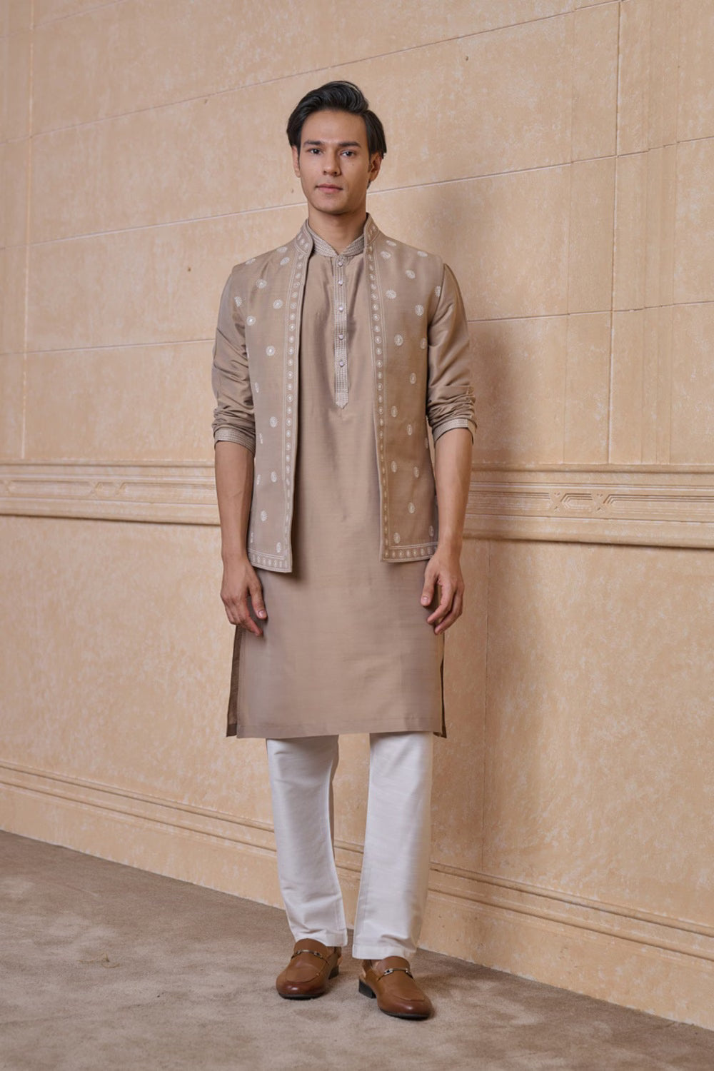 ABFRL 2-Beige All Over Embroidered Kurta Bundi Set