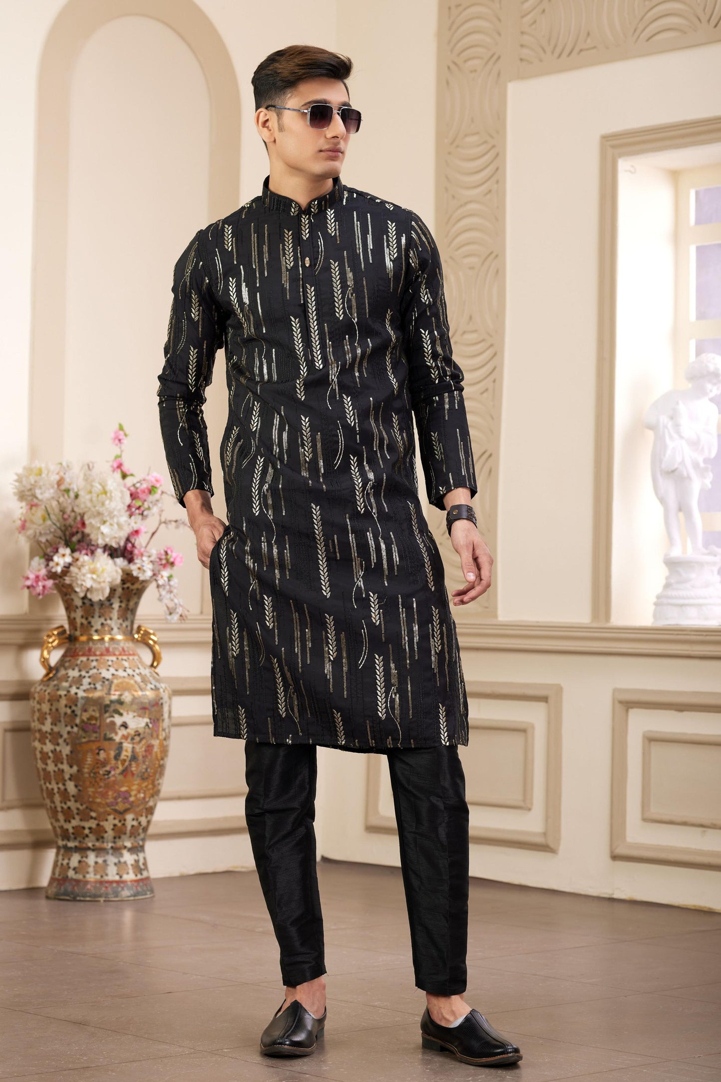 Ethnic Tree - Black Art Silk Payjama Kurta