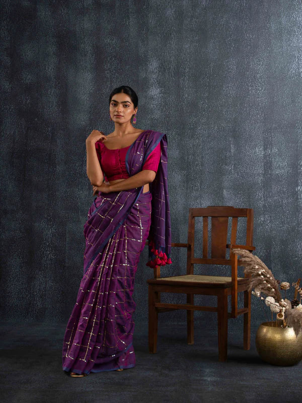 Magga - Breezy Mul Cotton Saree in Plum Blue with Zari Checks
