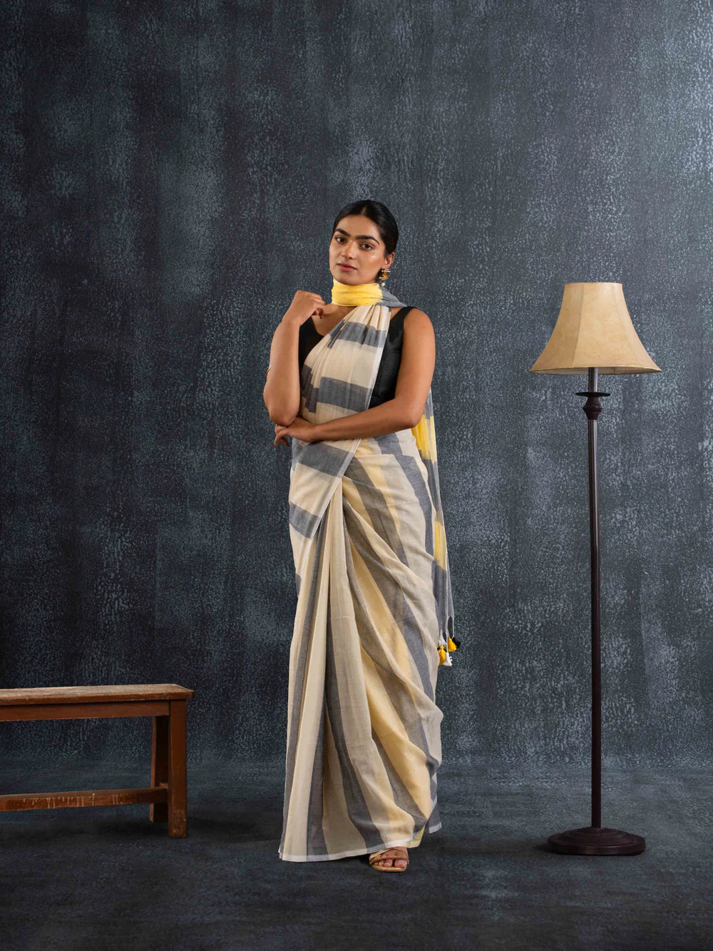 Magga - Breezy Mul Cotton Saree in Yellow & Grey Stripes