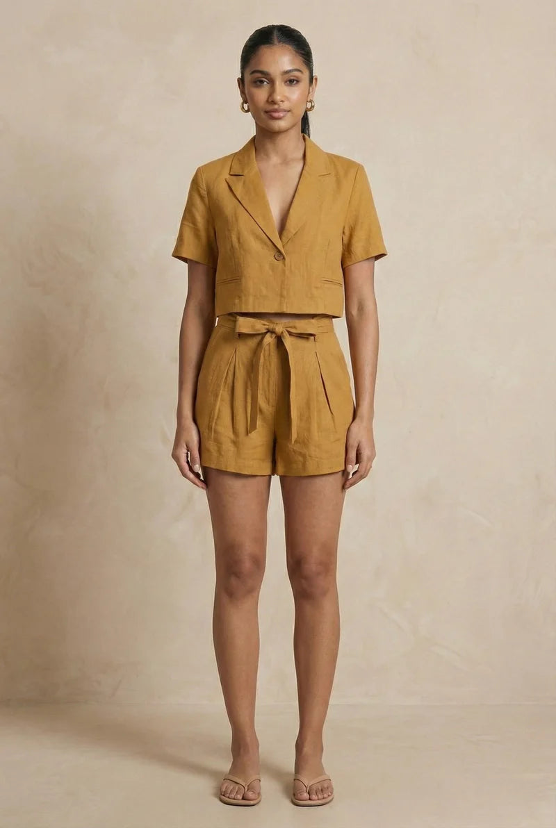 GuiltAndClass - GOLDEN HOUR LINEN CO-ORD Cotton-Linen Co-ord Set with Cropped Blazer Top and High-Waisted Tailored Shorts