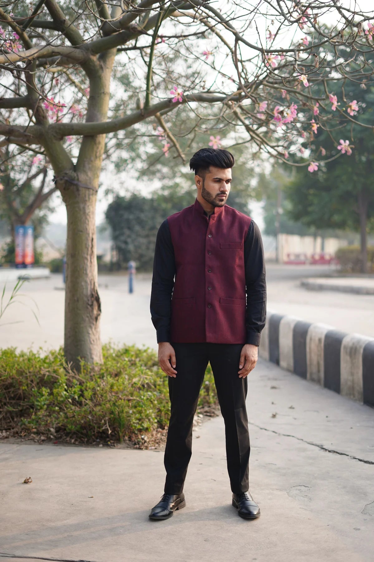 Etehas - Woolen Tweet Nehru Jacket - Maroon
