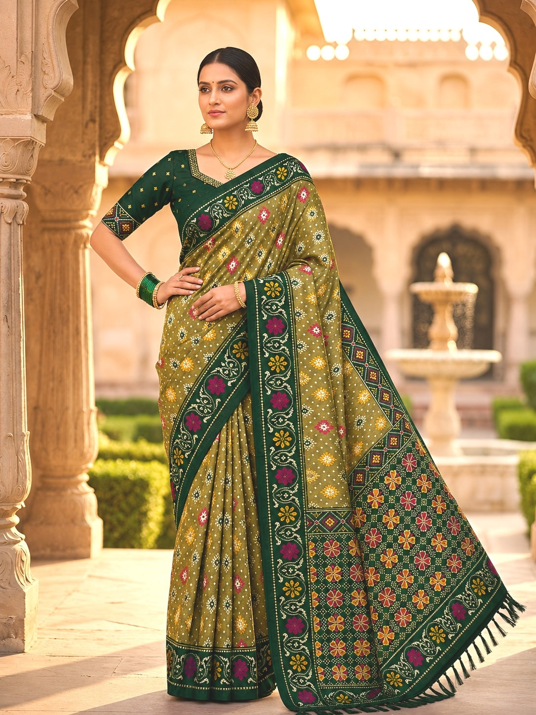 Ethnic Tree - Mehendi Woven Meenakari Patola Silk Saree