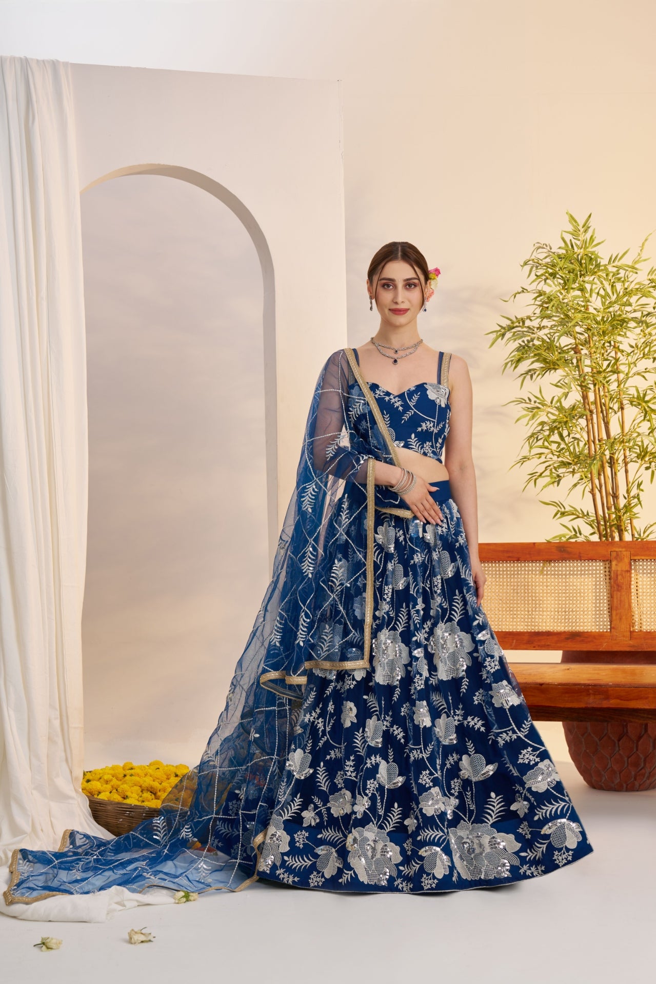 Ethnic Tree - Morepech Mughal Embroidered Butterfly Net Flared Lehenga Choli