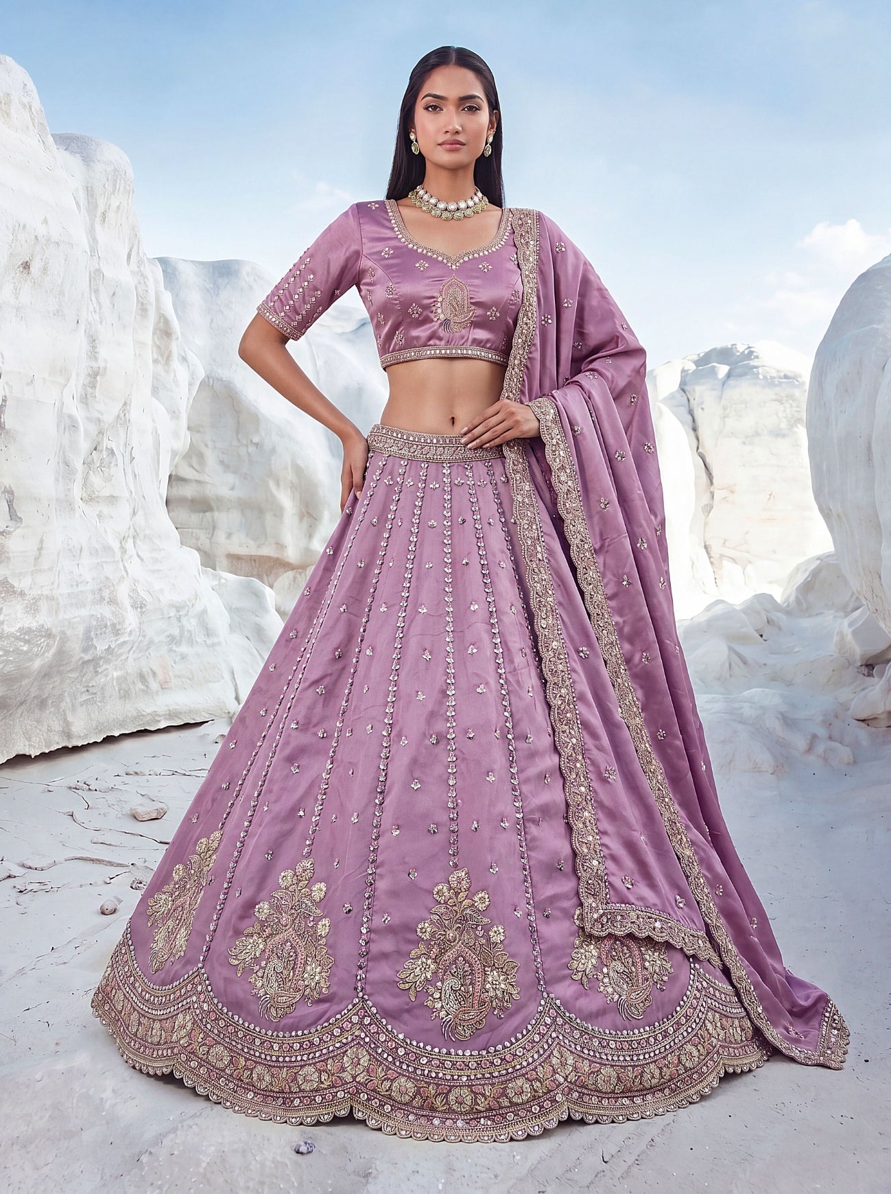 Ethnic Tree - Purple Embroidered Silk Bridal Lehenga