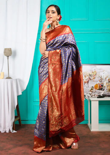 S-Royal Blue Splendor with Ornate Red Borders Banarsi silk Saree