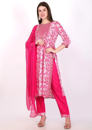 S-Fuchsia Floral Naira Cut Suit Set
