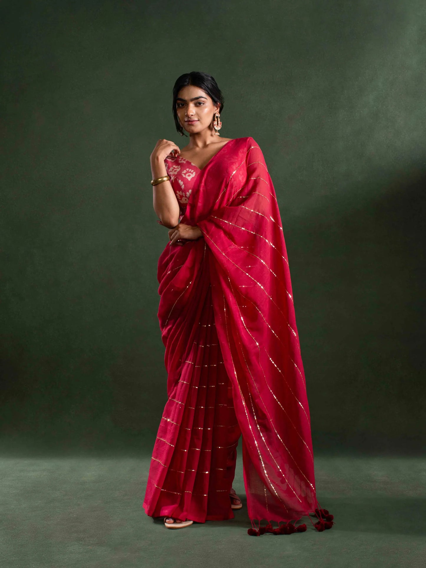 Magga - Whisper-light Mul Cotton Saree in Red with Zari Stripes